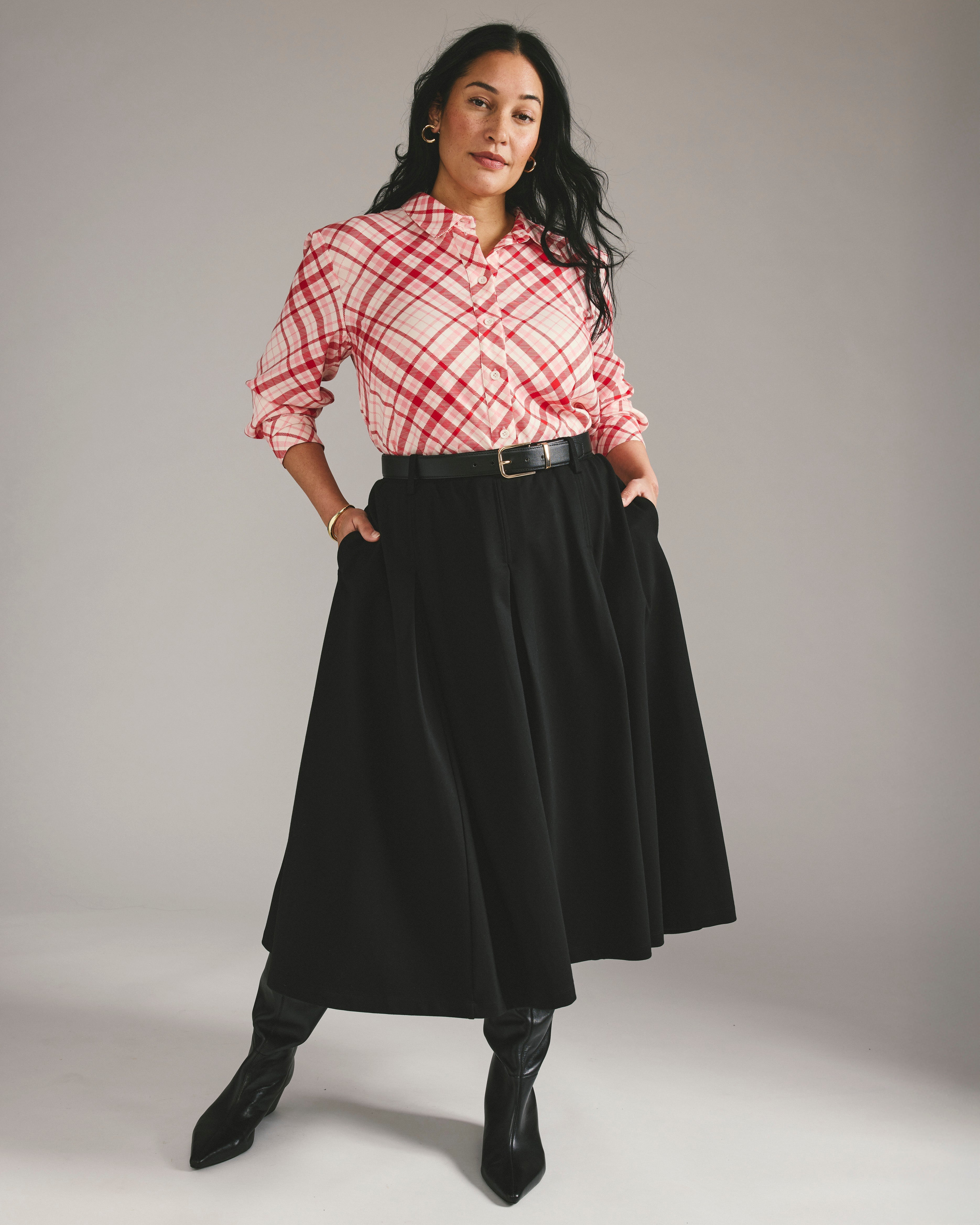 Cooling Stretch Cupro Artist Shirt - Red Plaid Print