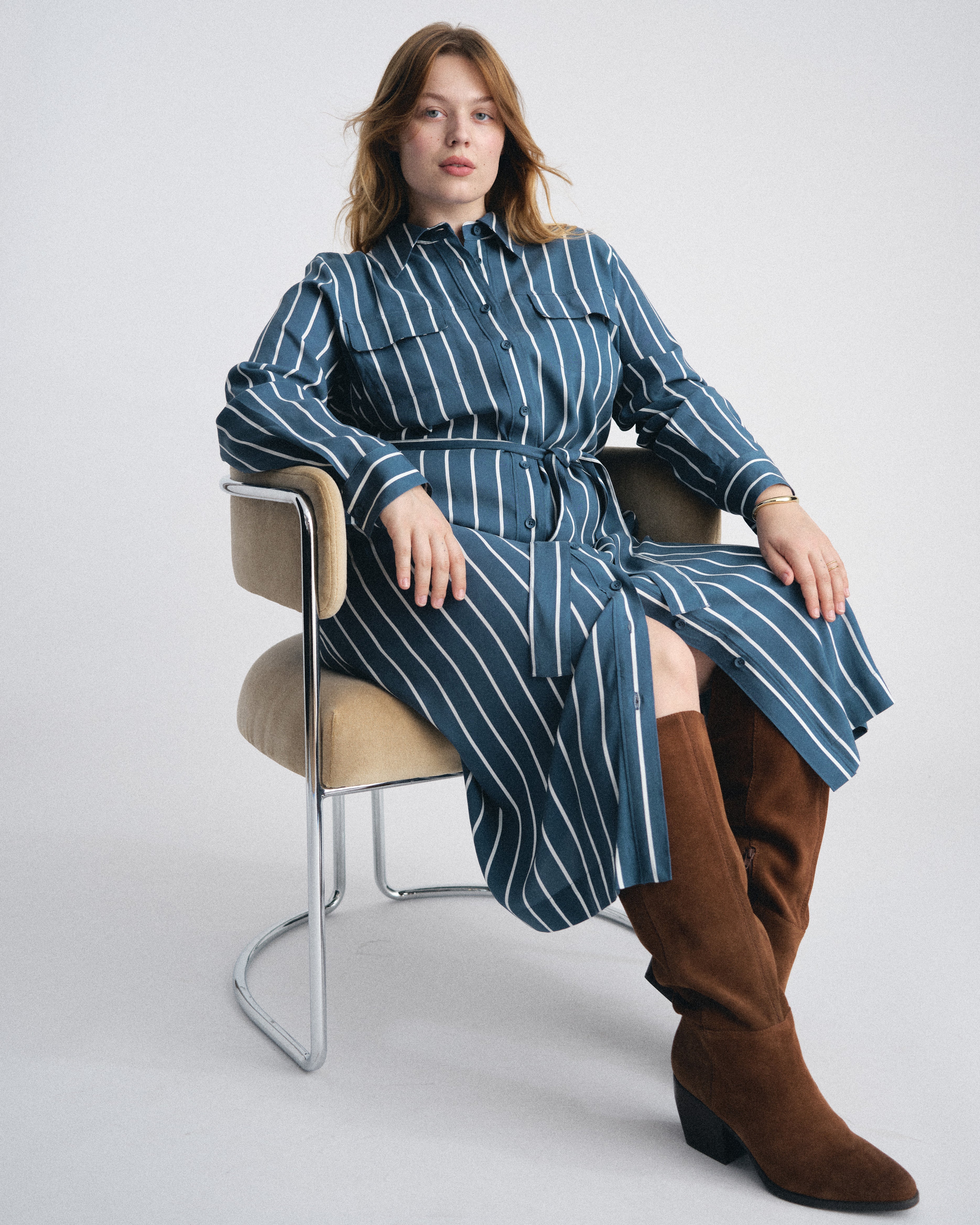 Cooling Stretch Cupro Savannah Dress - Ensign Blue/White Stripe