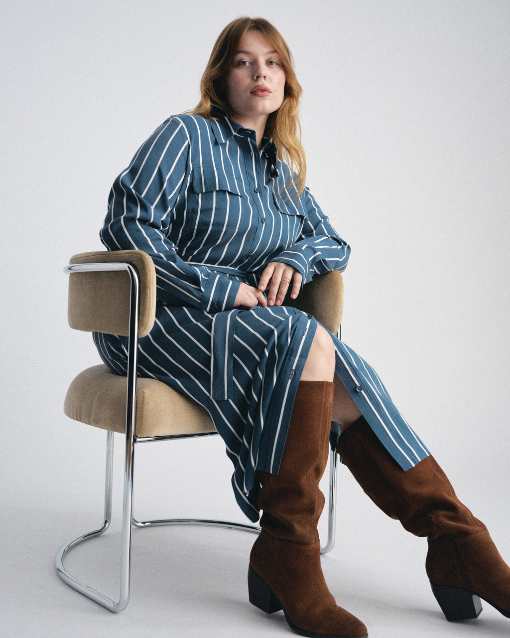 Cooling Stretch Cupro Savannah Dress - Ensign Blue/White Stripe