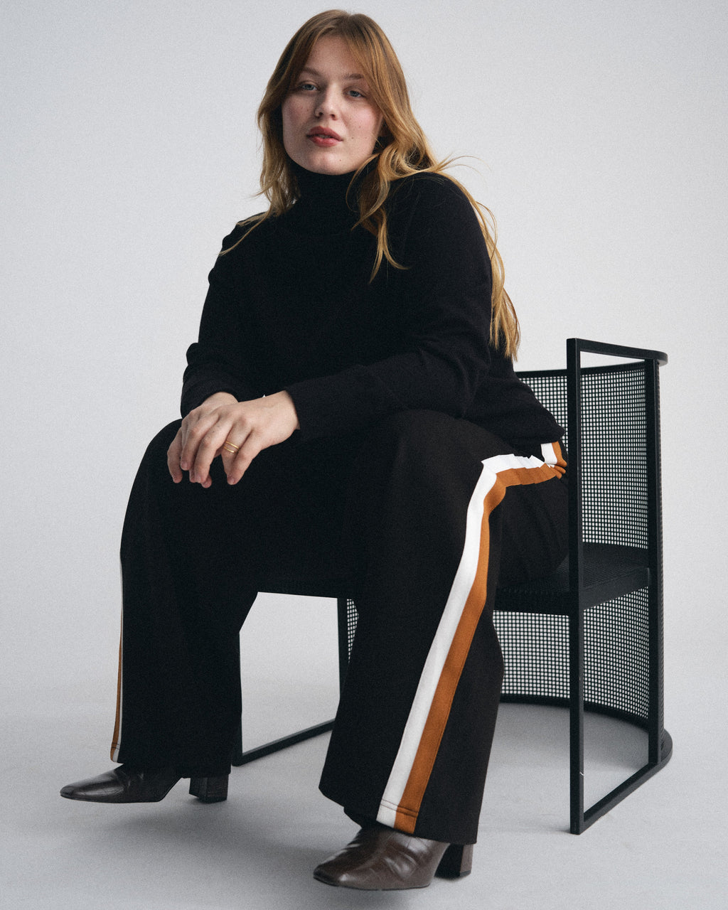 Stephanie Wide Leg Stripe Ponte Pants 30 Inch - Black with Ochre/White Stripe