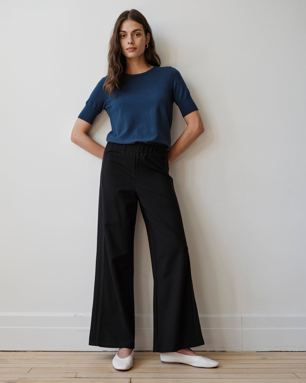 Stephanie Wide Leg Stripe Ponte Pants 30 Inch - Black with Black Stripe